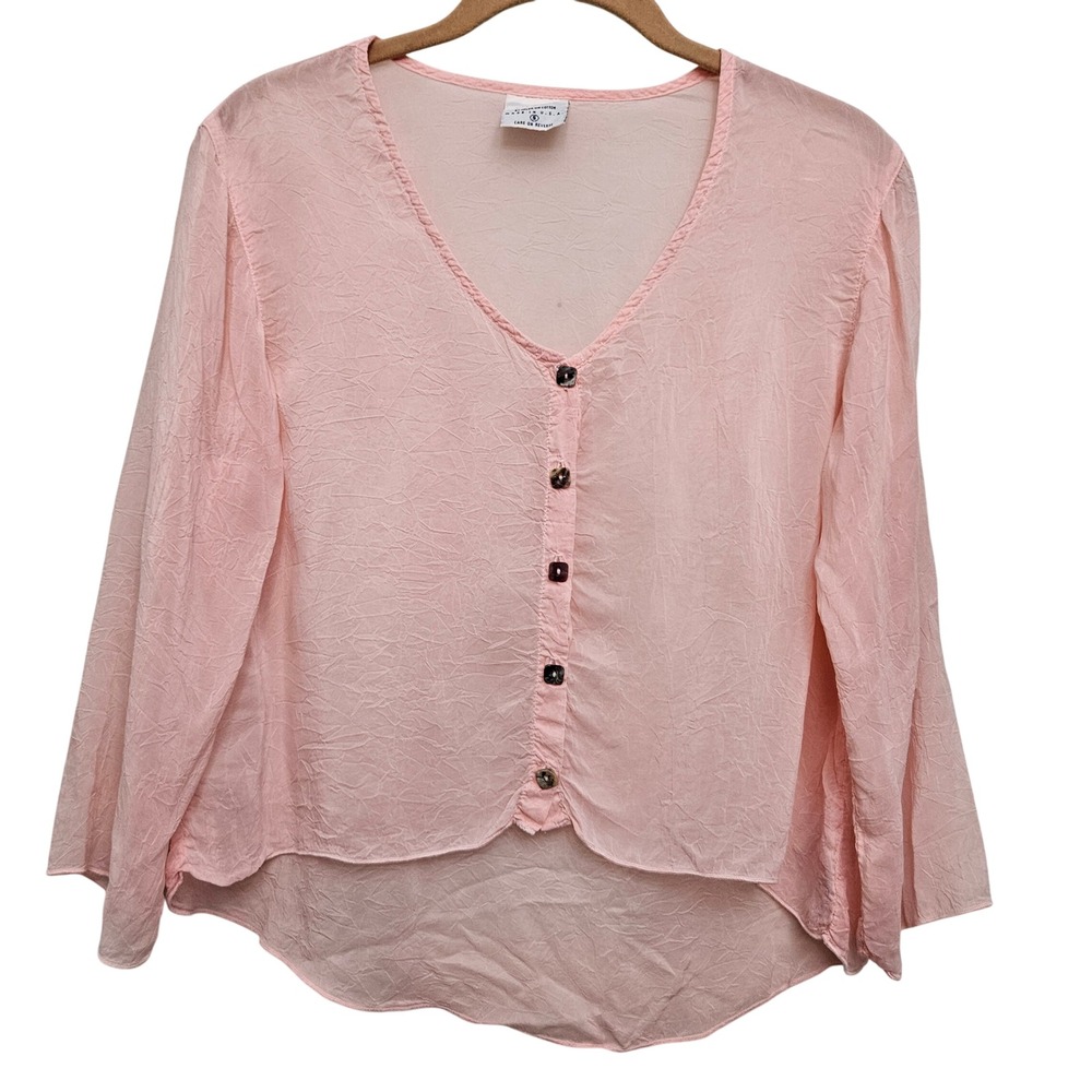 Click Blouse S Pink Cupro Rayon V-Neck Button Front High Low Boho Lagenlook Boxy